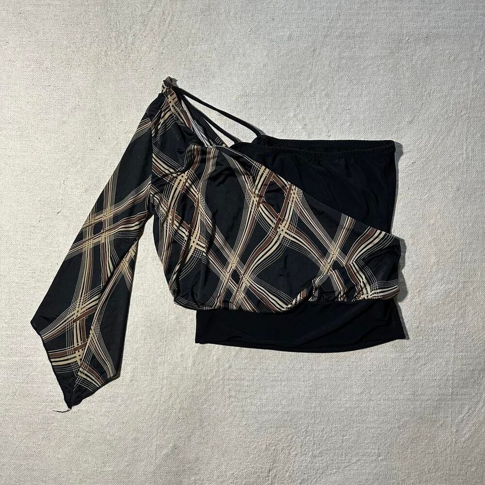 Rave Women's Small Black/Brown Abstract One Shoulder Top with Flared Sleeve - Picture 2 of 7